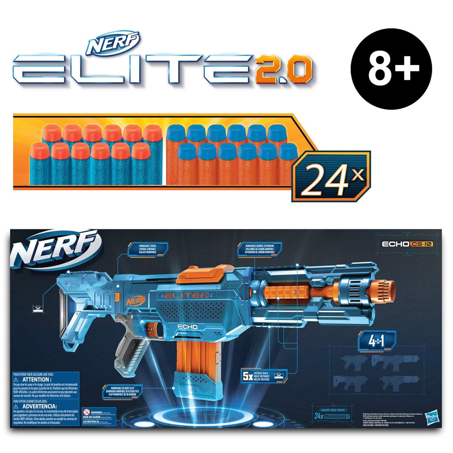 Nerf Elite 2.0 Echo Cs-10 Toy Blaster, 24 Darts,10-Dart Clip, Christmas and Birthday Gifts for Kids Teens and Adults, Outdoor Toy for Kids Ages 8+, Best Xmas Gift, Multicolor