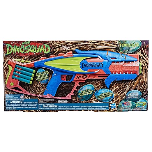 Hasbro Nerf Dinosquad Terrodak, 4 Dart Blasting Foam Ball Launcher, Dart Storage, 12 Nerf Elite Darts, Dinosaur Design, Toy Foam Nerf Blaster for Kids Outdoor Games,Multicolor