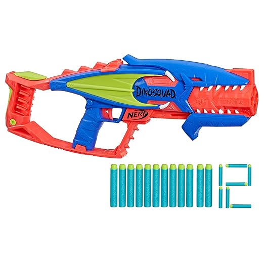 Hasbro Nerf Dinosquad Terrodak, 4 Dart Blasting Foam Ball Launcher, Dart Storage, 12 Nerf Elite Darts, Dinosaur Design, Toy Foam Nerf Blaster for Kids Outdoor Games,Multicolor
