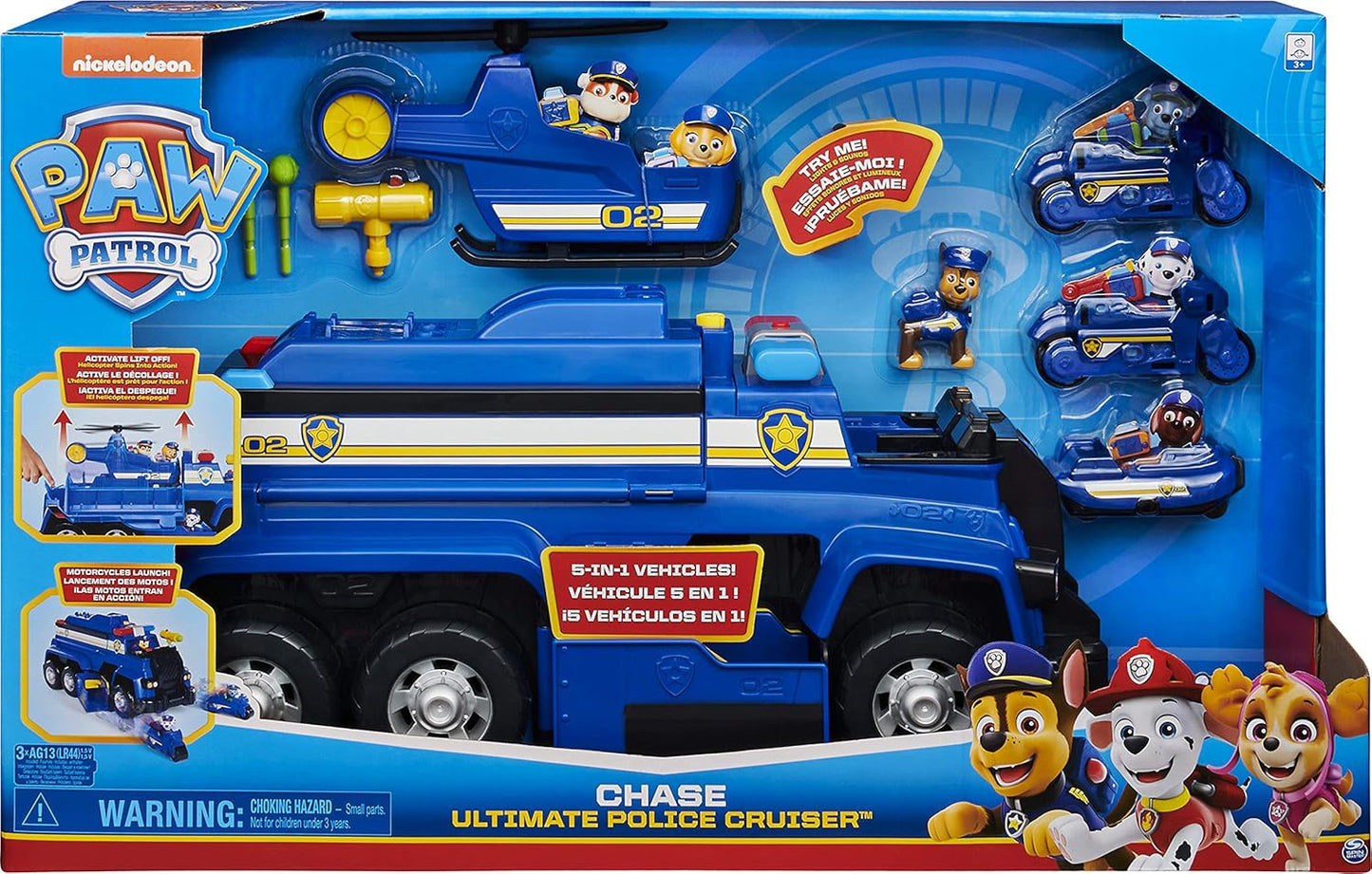 Paw Patrol Chase’s 5-in-1 Ultimate Police Cruiser - Car with Lights and Sounds, 2 Motorcycle, a Helicopter and a Boat for Kids Aged 3 and up