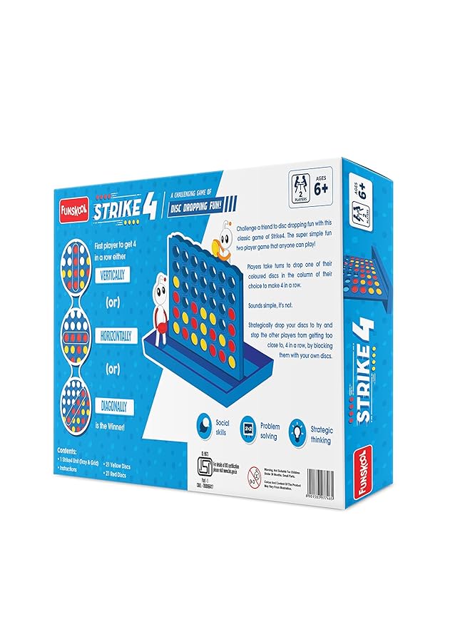 Funskool Strike 4, Classic Disc Dropping Game, Strategy Game, Board Game for Kids, Adults, Families, Educational, 2 Players, Family Fun, Activity Toy for Childrens, Gift Set for Kid, Ages 6+ Years