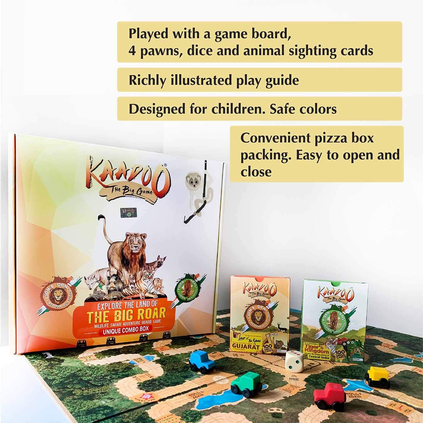 KAADOO Explore-Big Roar-Wildlife Safari Adventure-Educational Family Fun 2-in-1 Combo Board Game for 6+ Year Olds-Made in India (2-4 Players)