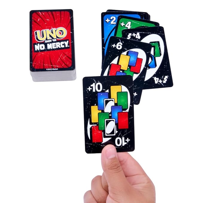 Mattel Games UNO Show ‘em No Mercy Card Game for Kids, Adults & Family Parties and Travel with Extra Cards, Special Rules and Tougher Penalties.