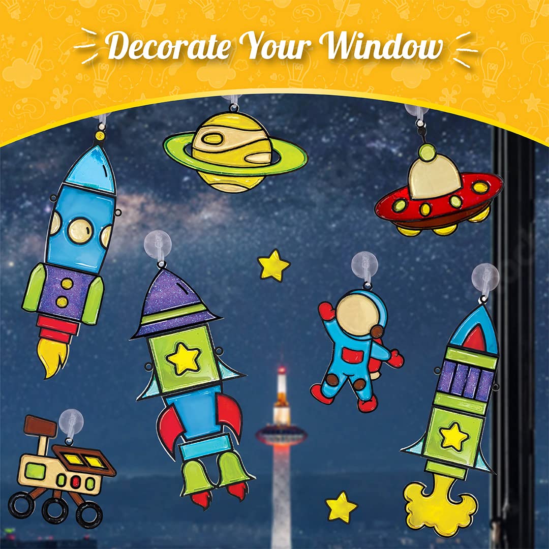 Imagimake Window Art - Rocket - 16 Pieces Glass Painting Set - Astronaut, Rover, Space Designs - Craft Kit for Boys & Girls 5 Years & Above, Multicolor