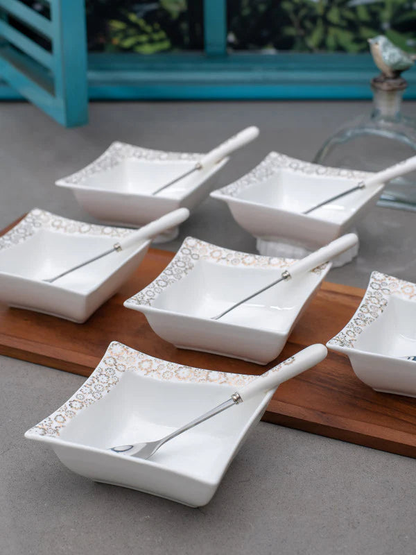 WHITE GOLD Porcelain Floral Dessert Bowls n Spoons with Real Gold Design (White) - Set of 12 Pieces Square