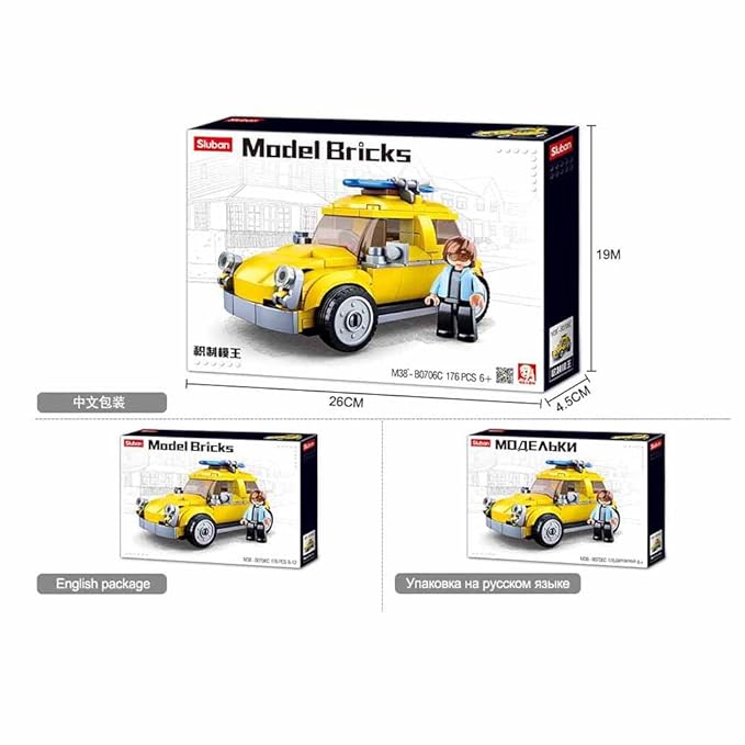 Sluban Yellow Volkswagen Car Model Bricks Set with 1 Stylish Mini Toy & Surfing Board