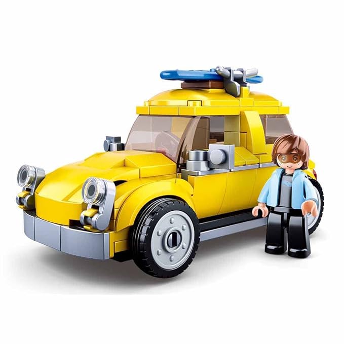 Sluban Yellow Volkswagen Car Model Bricks Set with 1 Stylish Mini Toy & Surfing Board