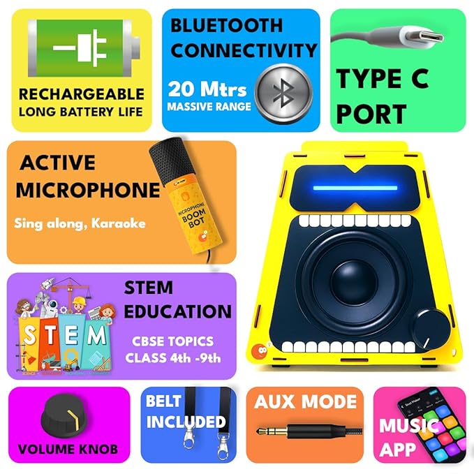 Be Cre8v Boom Bot DIY Bluetooth Speaker Kit with Microphone, LED Light Show, STEAM Learning Toy for Kids 8+ Year