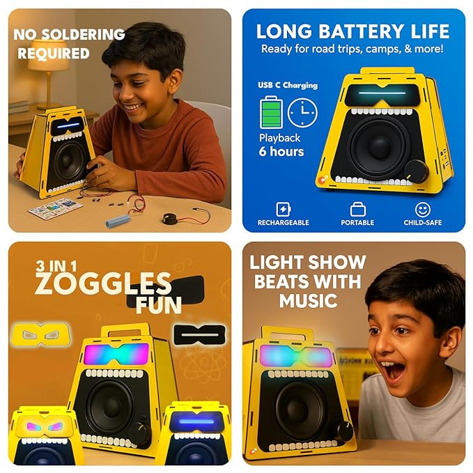Be Cre8v Boom Bot DIY Bluetooth Speaker Kit with Microphone, LED Light Show, STEAM Learning Toy for Kids 8+ Year