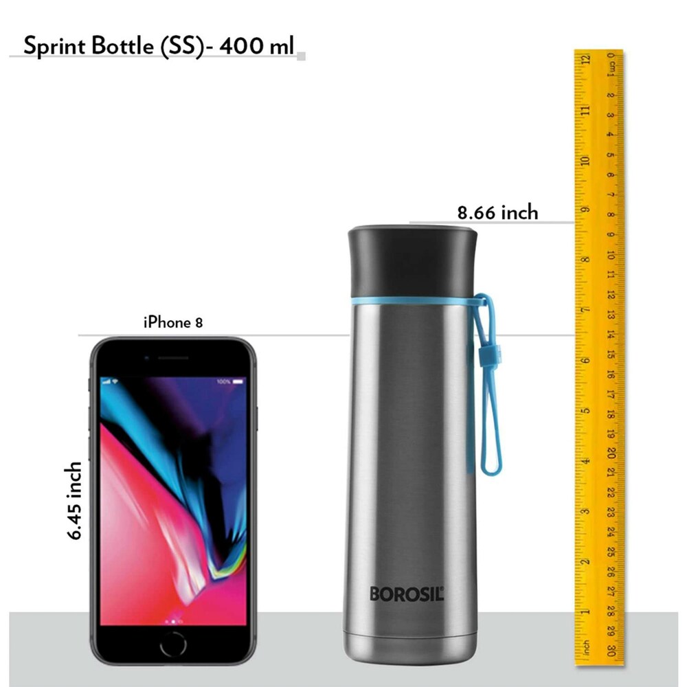 Borosil Hydra Sprint Silver 400 ml Stainless Steel Double Wall Vacuum Insulated Flask Water Bottle | 20 Hours Hot & 24 Hours Cold