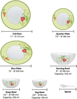 Borosil Opalware Green Premium Quality Bone Ash Free Emerald Dinner Set (Pack Of 44)