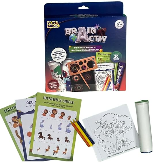 PlayMagic BrainActiv Kaleidoscope Making DIY Kit for Kids 3+|Magical Pattern Creation Kit|2 Kaleidoscopes, Scratch Sheets, 8 Activity Sheets|Educational Birthday Gift for Kids-Space & Animal Adventure
