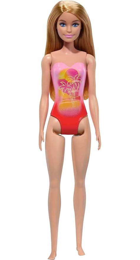 Barbie Beach Doll with Blond Hair, Pink One-Piece Swimsuit with Palm Tree Print, Pool and Beach Toys