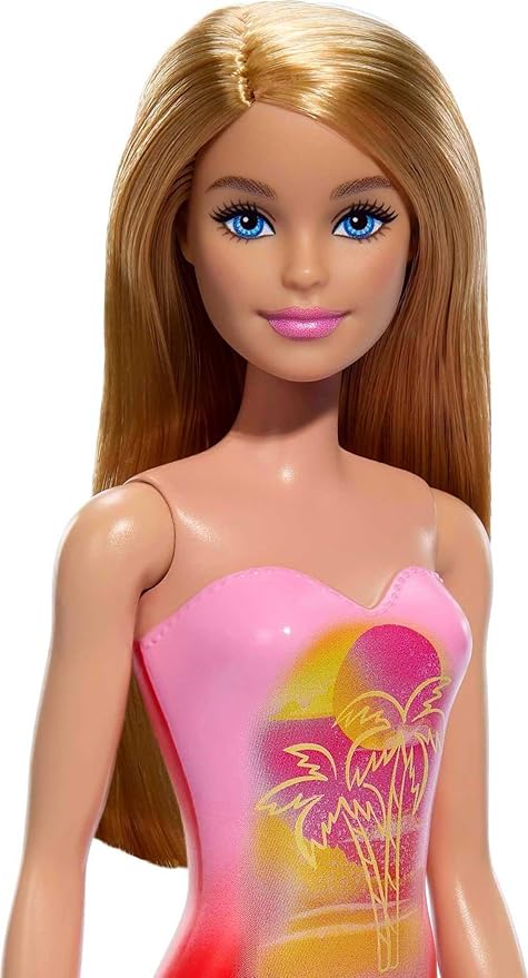 Barbie Beach Doll with Blond Hair, Pink One-Piece Swimsuit with Palm Tree Print, Pool and Beach Toys