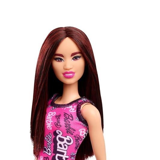 Barbie Fashion Doll with Straight Dark Burgundy Hair Wearing Removable Pink Tank Dress & Shoes with Logo Print