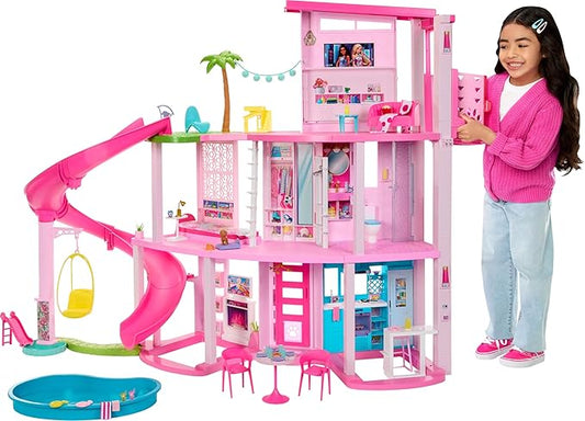 Barbie Dreamhouse, Pool Party Doll House with 75+ Pieces and 3-Story Slide, Pet Elevator and Puppy Play Areas