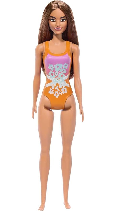 Barbie Beach Doll with Light Brown Hair, Pink and Orange One-Piece Swimsuit with Tropical Print, Pool and Beach Toys