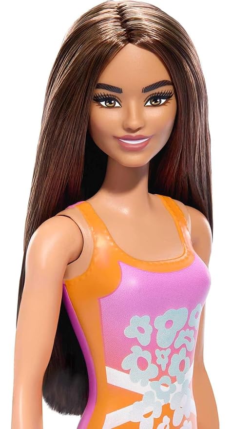 Barbie Beach Doll with Light Brown Hair, Pink and Orange One-Piece Swimsuit with Tropical Print, Pool and Beach Toys