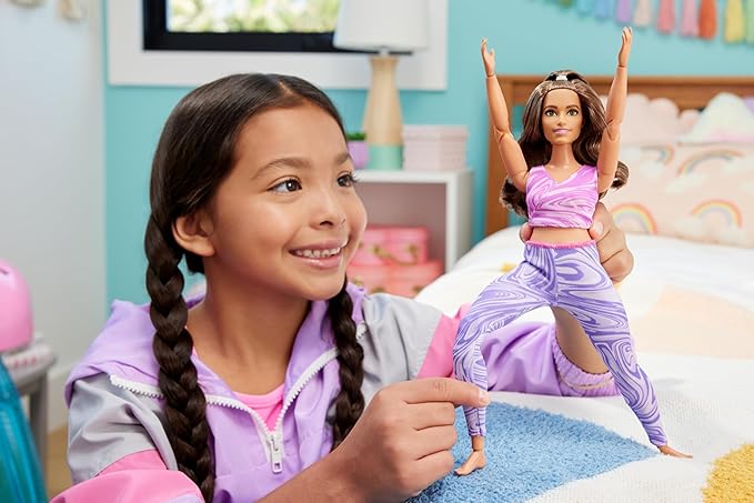 Barbie Made to Move Fashion Doll with Curvy Body & Brunette Hair Wearing Removable Pink Sports Top & Purple Yoga Pants, 22 Bendable “Joints”