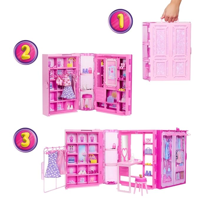 Barbie HXD58 Dream Wardrobe Toy Playset with Blonde Fashion Doll, Fashions and Accessories, Just Under 1 m Wide with More Than 25 Pieces, 3 Complete Looks, 3 Complete Looks