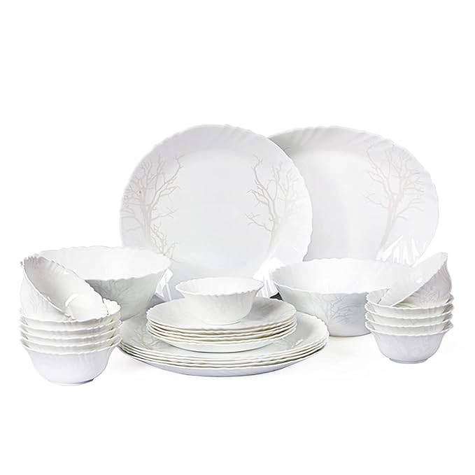 Cello Imperial Winter Frost Opalware Dinner Set, 11 inch Full Plate, 27 Pieces, White
