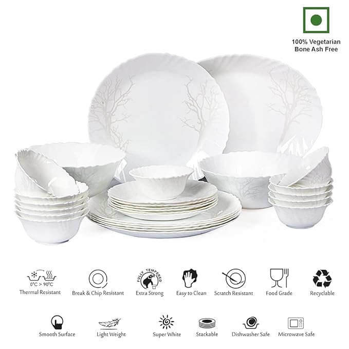Cello Imperial Winter Frost Opalware Dinner Set, 11 inch Full Plate, 27 Pieces, White