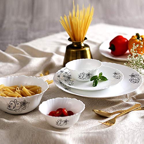 Cello Imperial Camber Black Opalware Dinner Set, 11 inch Full Plate, 27 Pieces, White