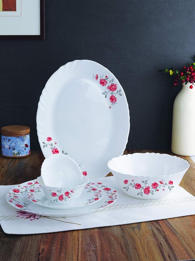 Cello Imperial Rose Fantasy Opalware Dinner Set, 11 inch Full Plate, 27 Pieces, White