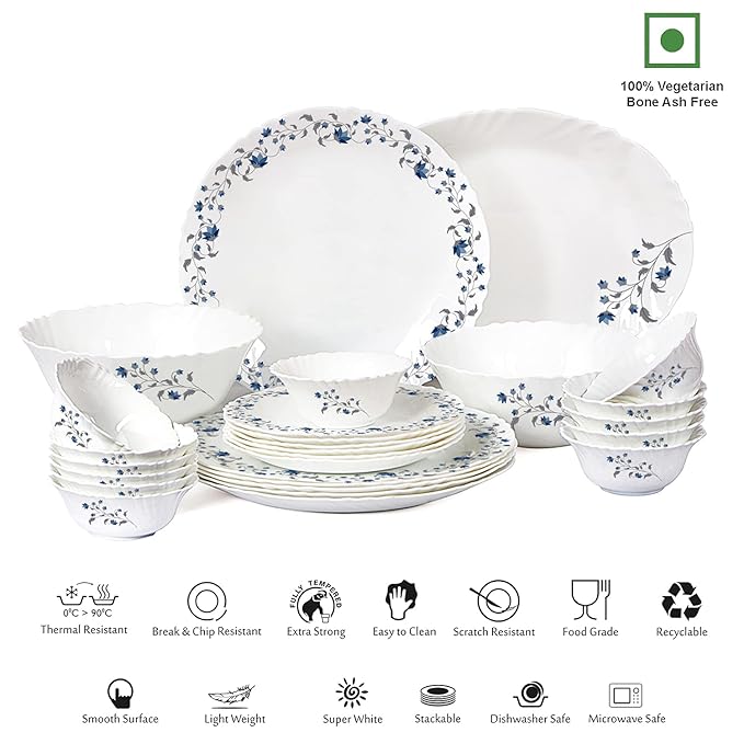 Cello Opalware Imperial Vinea Opalware Dinner Set, 27 Pieces, White
