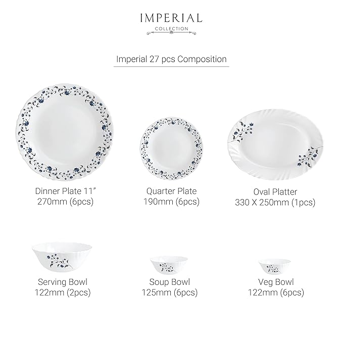 Cello Opalware Imperial Vinea Opalware Dinner Set, 27 Pieces, White