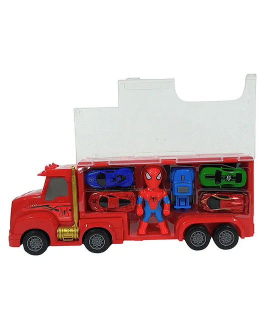 Marvel Spider-Man Carrier Truck Playset with several included racing cars & Superheroe Toy for kids Color May Vary