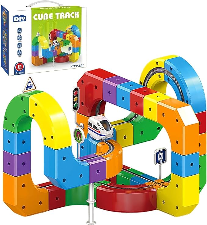 Cube Track Train Toy Set for Kids – Building Blocks Railway Track with Moving Train, Educational STEM Construction Toy, Creative Learning Toy for Boys & Girls (51 PCS Set)