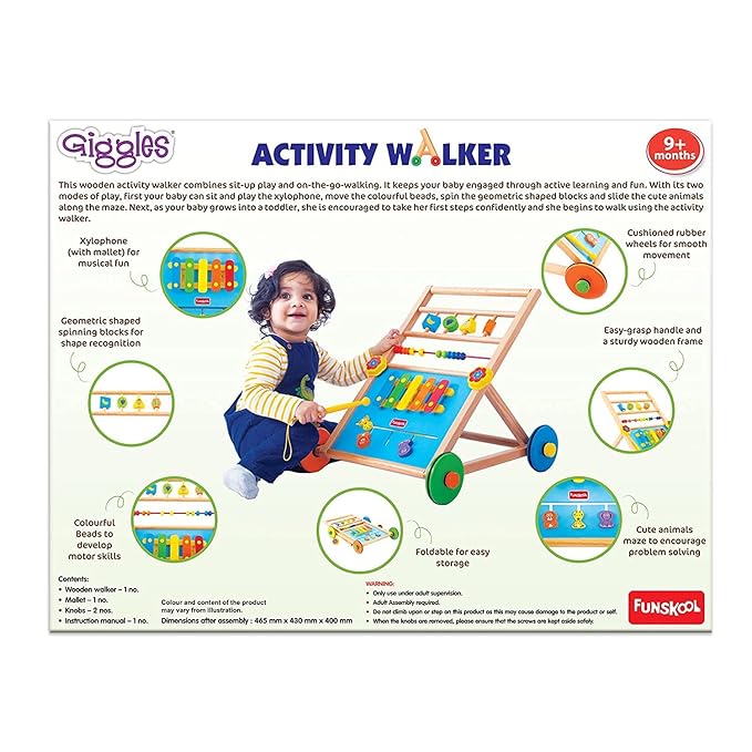 Giggles Funskool Activity Walker for Baby, Learning Toy for Kids with Xylophone, Animal Maze, Counting Beads & Shape Spinner, Build Motor Skill & Encourage Walking, Gift for Infants, Ages 9+ Months