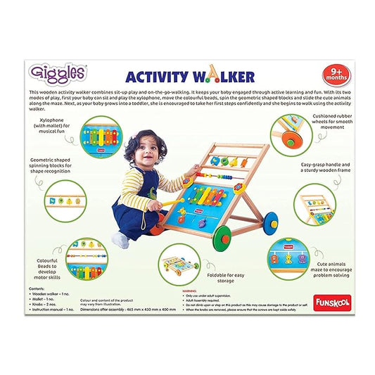 Giggles Funskool Activity Walker for Baby, Learning Toy for Kids with Xylophone, Animal Maze, Counting Beads & Shape Spinner, Build Motor Skill & Encourage Walking, Gift for Infants, Ages 9+ Months