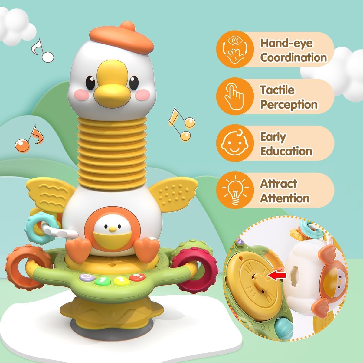 Goosey Giggles Baby Rattle Toy with Suction Cup - Musical Spinner Sensory Toy for High Chair & Table, Montessori Learning Toy for Babies 6-18 Months, Infant Activity Toy Best Gift for Kids