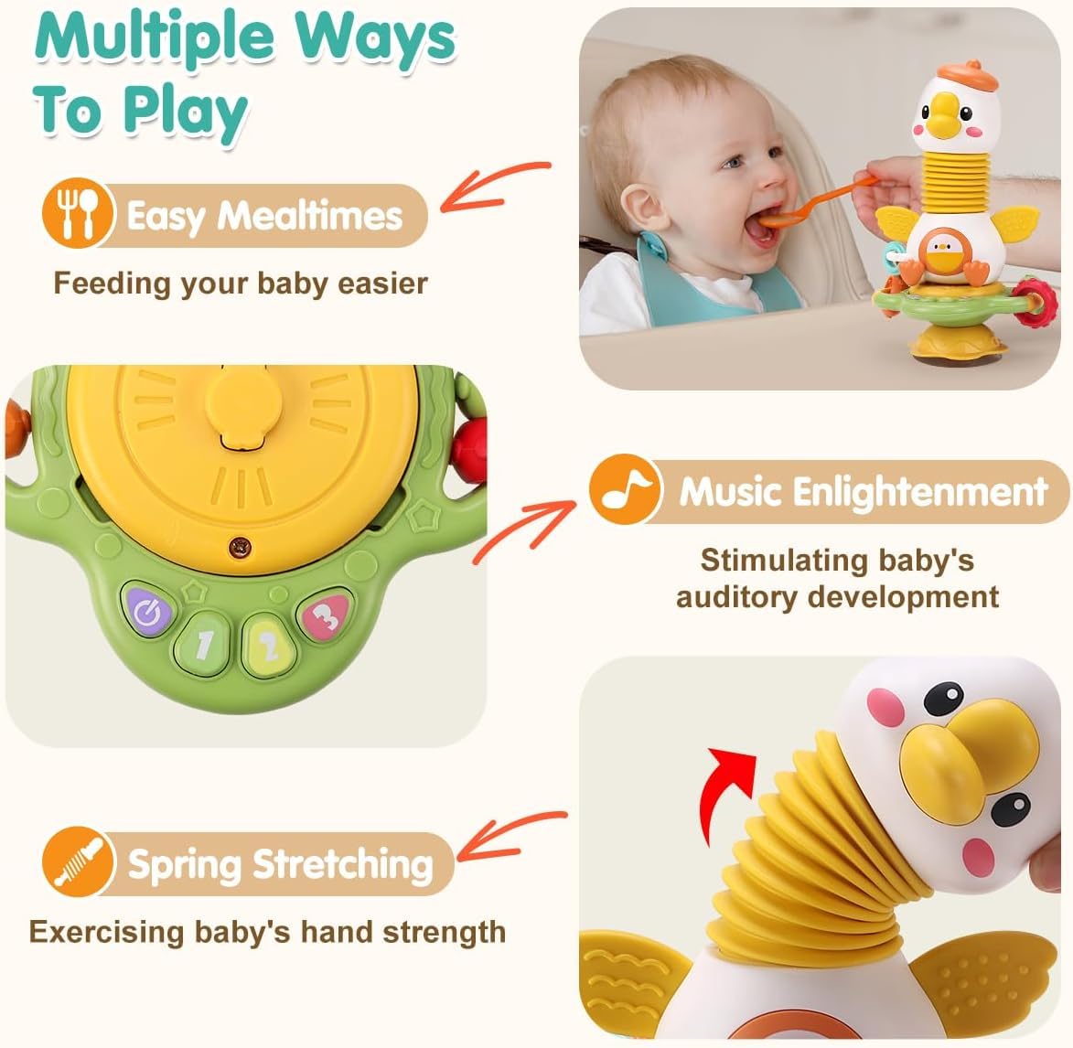 Goosey Giggles Baby Rattle Toy with Suction Cup - Musical Spinner Sensory Toy for High Chair & Table, Montessori Learning Toy for Babies 6-18 Months, Infant Activity Toy Best Gift for Kids