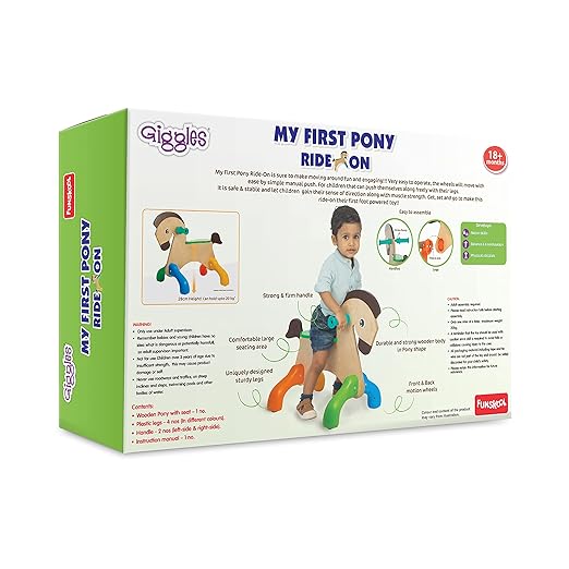 Funskool Giggles - My First Pony, Ride On Toy, Wooden, Ride-on for Toddlers, 18 Months +, Front and Back Movement, Motor Skills and Sense of Direction, Indoors