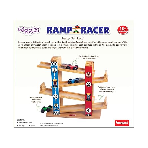 Giggles Funskool Ramp Racer, Wooden Racing Toy for Kids with 3 Mini Cars, Encourages Learning & Development, Motor Skills, Fun Activity for Preschool, Gift Set for Kid, Age 18+ Months