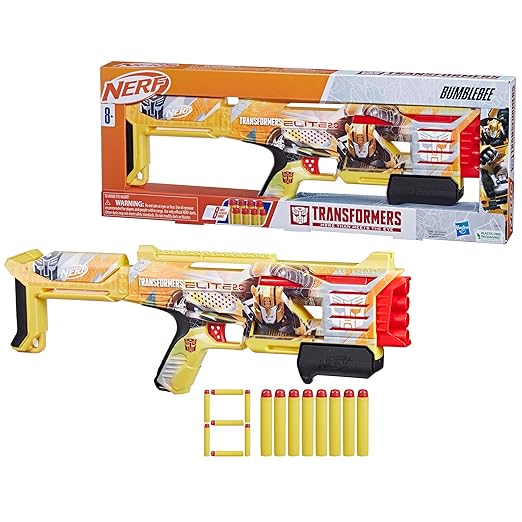 Nerf Transformers Bumblebee Dart Blaster, 8 Nerf Elite Darts, Pump Action, Toy Foam Blasters for 8 Year Old Boys & Girls & Up