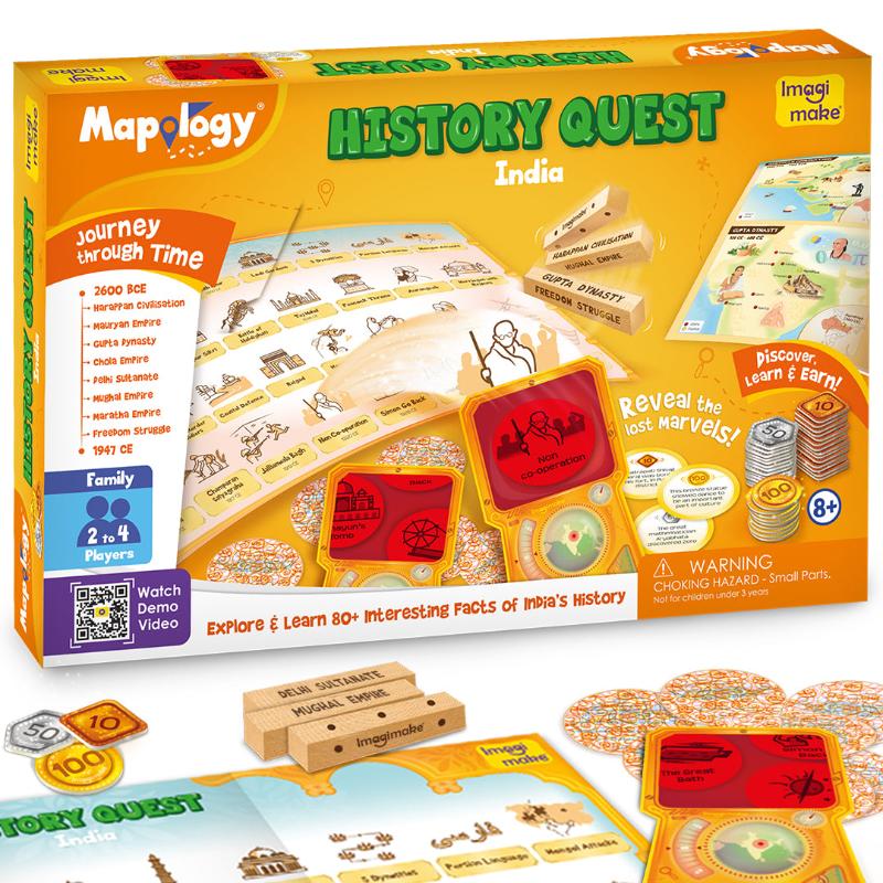 Imagimake Mapology History Quest – India | Historical Board Game | Explore 8 ERAS of Indian History with Discovery Lenses, Artefact Tokens, Ancient Dice |Educational Toy For Kids.| 8+Year