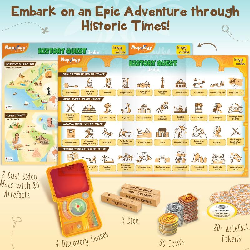 Imagimake Mapology History Quest – India | Historical Board Game | Explore 8 ERAS of Indian History with Discovery Lenses, Artefact Tokens, Ancient Dice |Educational Toy For Kids.| 8+Year