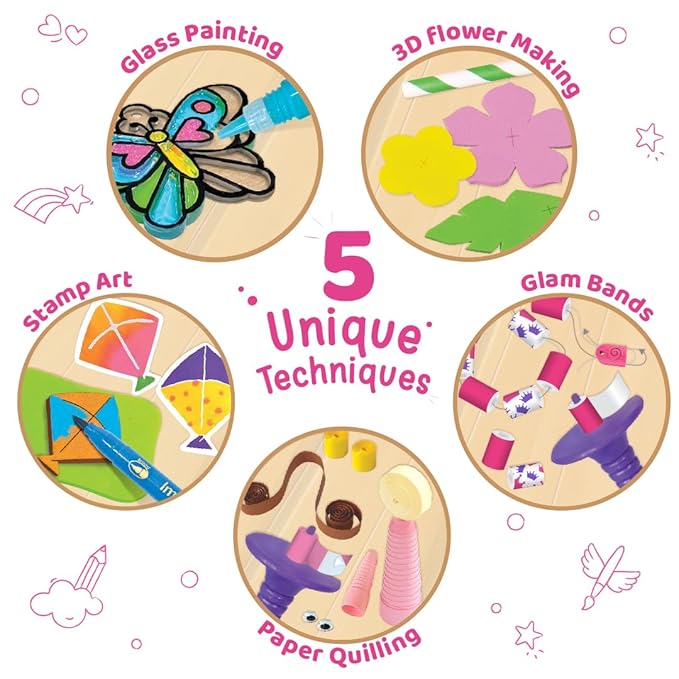 Imagimake Fabulous Craft Kit 5-in-1 Arts & Crafts Set for Kids Glass Painting, Paper Quilling, Stamp Art & More Fun DIY Gift for Girls Ages 5-9