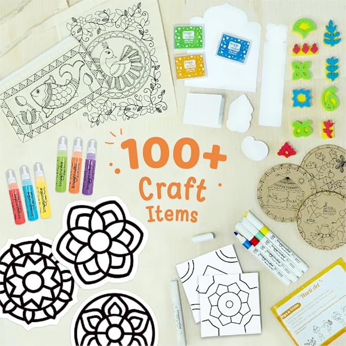 Imagimake Learn Indian Art Forms-Arts and Craft DIY Kit for Kids, Ages 8-12, 5 Indian Art Forms-Madhubani, Warli, Lippan, Mandala & Block Printing, Perfect DIY Craft Kit for Kids