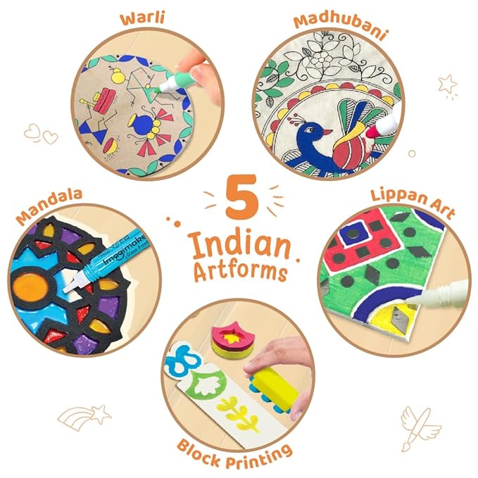 Imagimake Learn Indian Art Forms-Arts and Craft DIY Kit for Kids, Ages 8-12, 5 Indian Art Forms-Madhubani, Warli, Lippan, Mandala & Block Printing, Perfect DIY Craft Kit for Kids