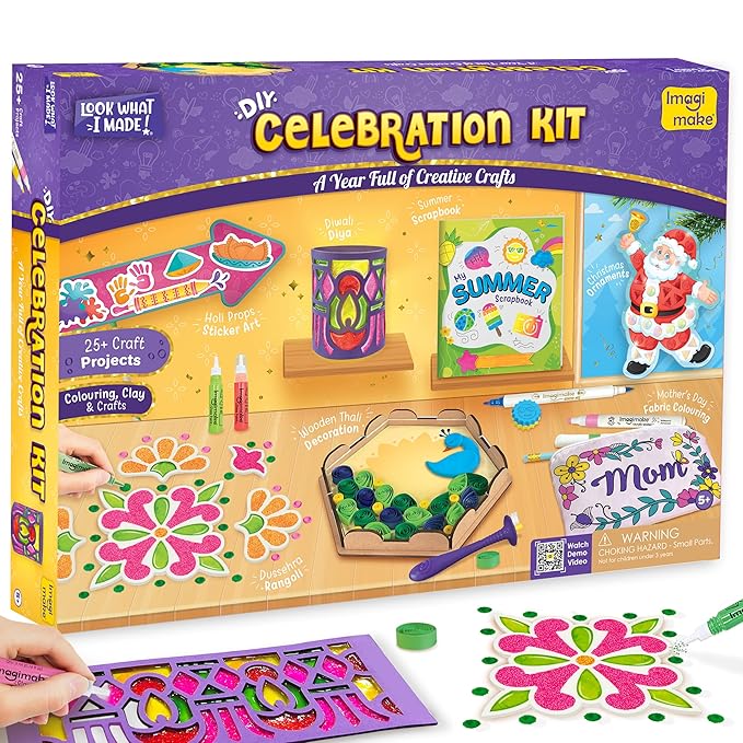 Imagimake Celebration Kit | 25+ Exciting Craft Projects for Kids | 500+ Craft Supplies | Art & Craft DIY Kit for Ages 5 to 12 | Great for Birthdays, School Projects & Travel, Multicolor