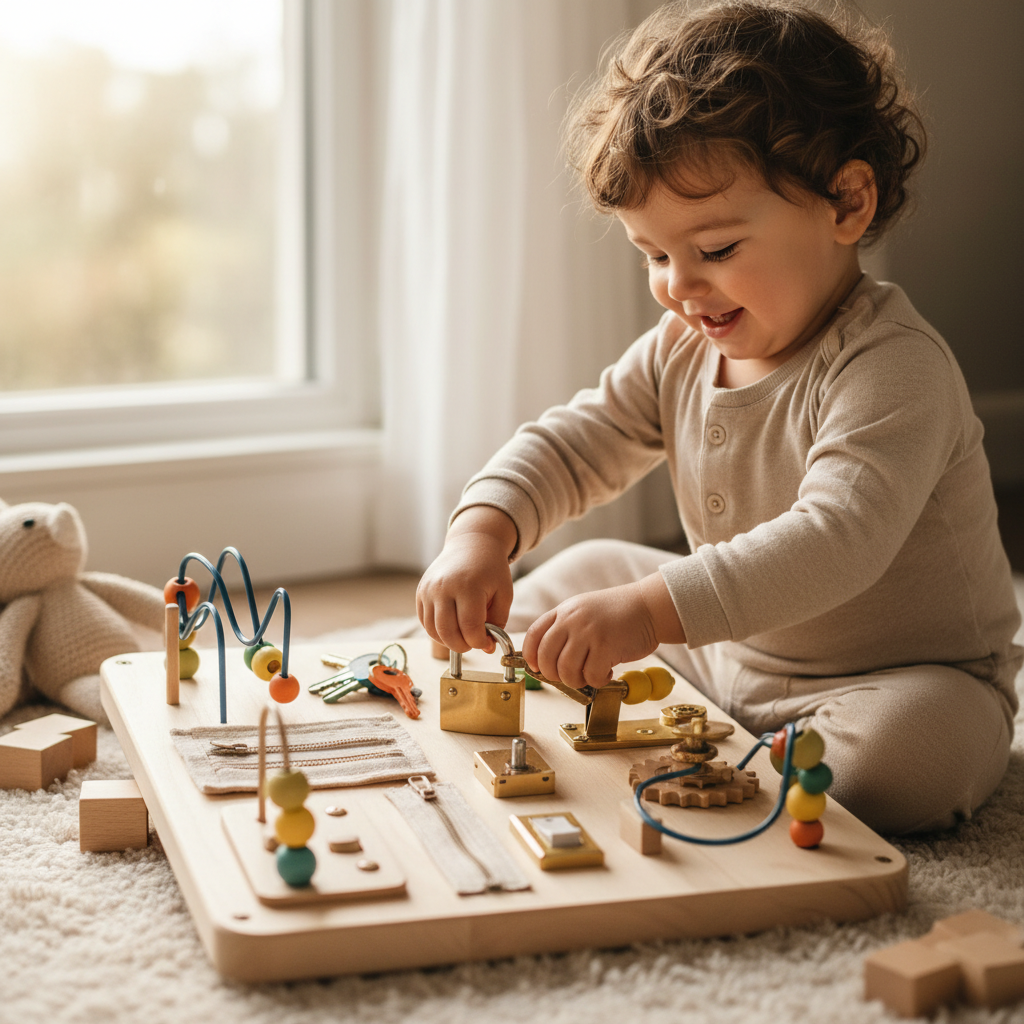 Toddler playing with Montessori busy board