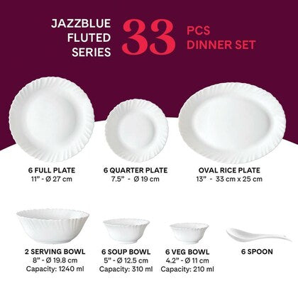 Larah by Borosil Jazzblue Fluted Series Opalware Dinner Set | 33 Pieces for Family of 6 | Microwave & Dishwasher Safe | Bone-Ash Free | Crockery Set for Dining & Gifting | Plates & Bowls | White