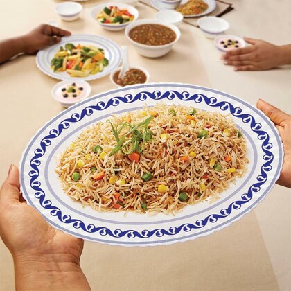 Larah by Borosil Jazzblue Fluted Series Opalware Dinner Set | 33 Pieces for Family of 6 | Microwave & Dishwasher Safe | Bone-Ash Free | Crockery Set for Dining & Gifting | Plates & Bowls | White
