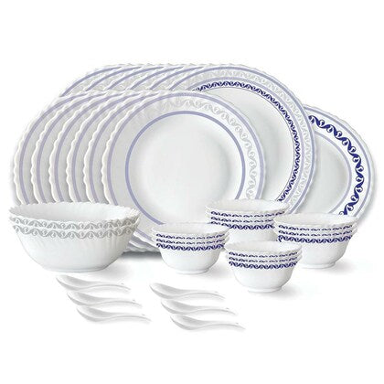 Larah by Borosil Jazzblue Fluted Series Opalware Dinner Set | 33 Pieces for Family of 6 | Microwave & Dishwasher Safe | Bone-Ash Free | Crockery Set for Dining & Gifting | Plates & Bowls | White