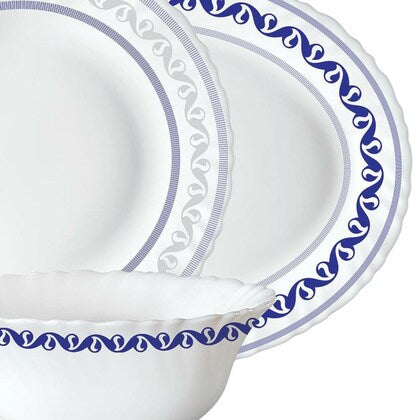 Larah by Borosil Jazzblue Fluted Series Opalware Dinner Set | 33 Pieces for Family of 6 | Microwave & Dishwasher Safe | Bone-Ash Free | Crockery Set for Dining & Gifting | Plates & Bowls | White